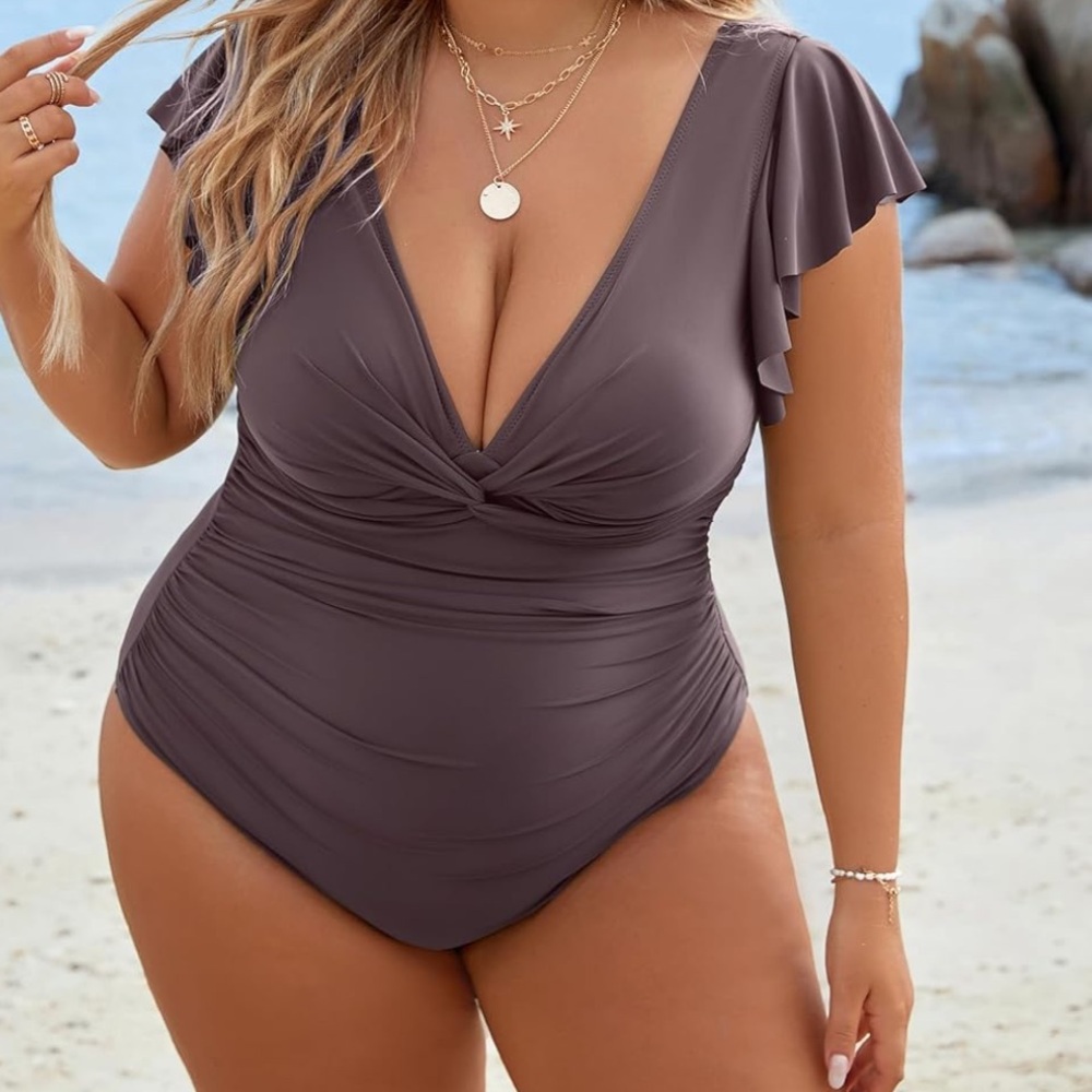 Greylish purple Ruffled Sleeve Swimsuit XXL